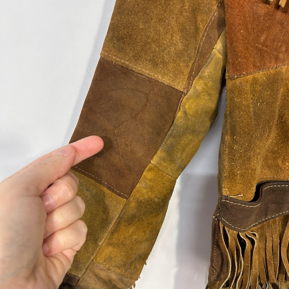 Suede‎ Fringe Patchwork Jacket Youth 10 Brown Western Boho Folkcore 70s Leather - Picture 3 of 9